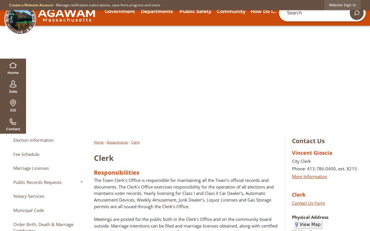 Agawam residents directory Town Clerk voter and certificate responsibilities