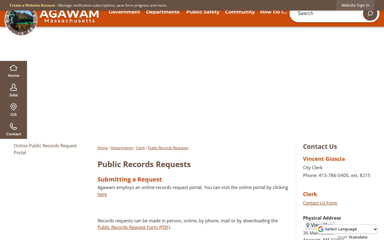 Agawam residents directory public records request channels and portal
