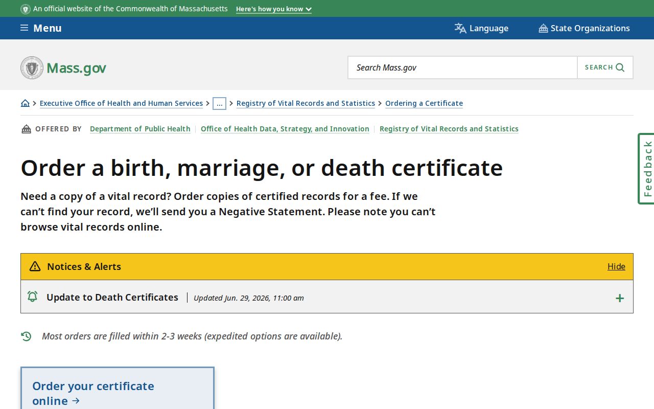 Agawam resident lookup vital record certificate ordering options
